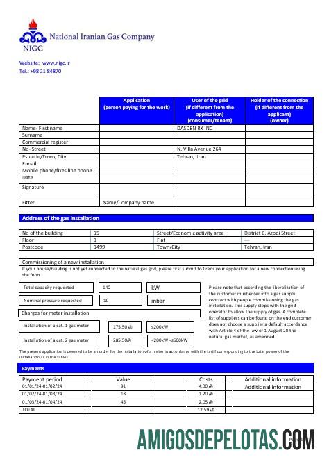Para baixar modelo de conta de serviços públicos de gás da Iran National Iranian Gas Company em formato Word e PDF